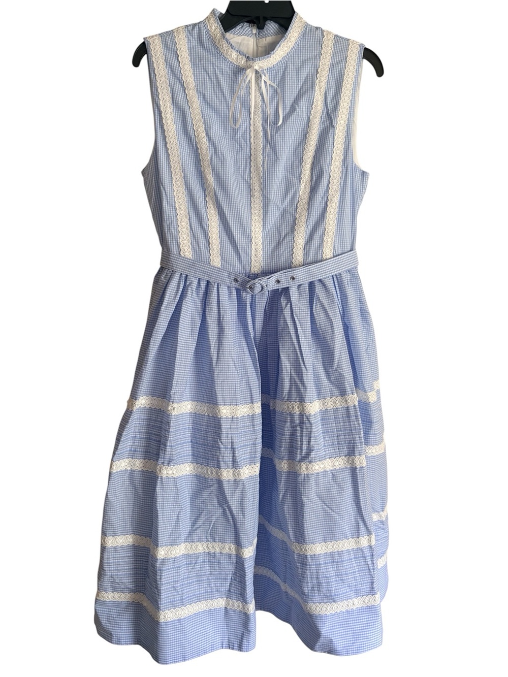 Prosperina L Blue Gingham Sleeveless Lace-Trim Midi Dress NWOT